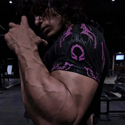 GYM T-shirt Men's Dark Gothic Print Muscle Tee  High Elasticity And Quick Drying Exercise For Bodybuilding Training 2025 Summer