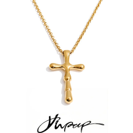 Yhpup High Quality Textured Waterproof Stainless Steel Cross Pendant Necklace Jewelry for Women PVD Plated Handmade Polished