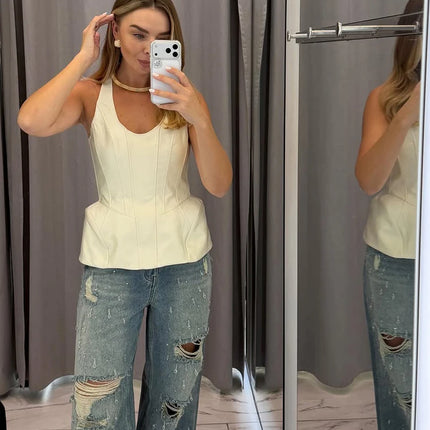 Retro Sleeveless Corset Halter Vest Women Casual Off-shoulder U-neck Waist Cinching Slim Short Top 2026 Lady High Street Tops
