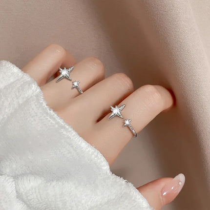 PANJBJ 925 Sterling Silver Four-pointed Star Shining Zircon Ring High-end Personalized Opening Adjustable Jewelry
