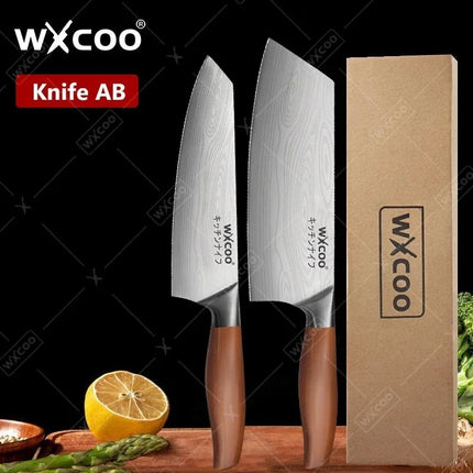 WXCOO Stainless Steel Chef Knife Household Kitchen Knife Laser Damascus Pattern Slicing Scissors Cleaver Fruit Knife Holder
