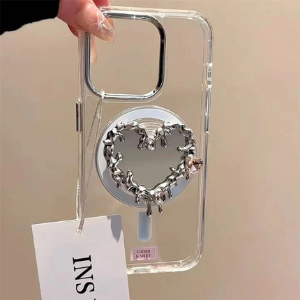 Luxury 3D Melt Love Heart Mirror Foldable For Magsafe Griptok Holder Phone Finger Ring Stand Support For iPhone 16 Pro Max