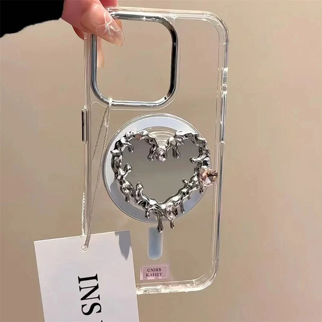 Luxury 3D Melt Love Heart Mirror Foldable For Magsafe Griptok Holder Phone Finger Ring Stand Support For iPhone 16 Pro Max