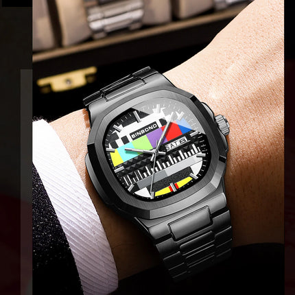BINBOND Creative TV Dial Men's Watches New Fashion Original Retro Design Luminous Quartz Wristwatch For Men With Calendar Week