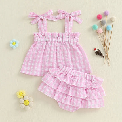 Toddler Girls Outfit Set Girl Clothes Suit Plaid Tie-Up Straps Sleeveless Tank Tops Elastic Waist Shorts Baby Clothing Sets