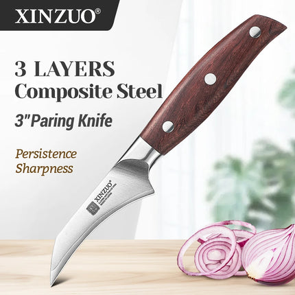XINZUO Household Kitchen Knife Customized 3” Paring Knife 3 Layers Clad Steel High Quality Red Wood Handle Fruit Peeling Knife