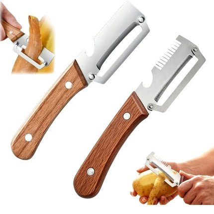 Two-piece heavy-duty stainless steel peeler and slicer，Equipped with a bottle opener and straight blade design。Suitable for suga