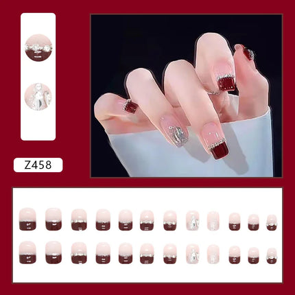 White Camellia 24 Pcs Press on Nails Pink Nail polish Glossy Artificial Finger Manicure Reusable False Nails