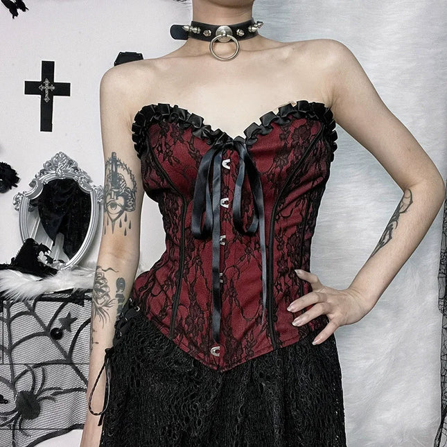 Vintage Mall Gothic Flocking Camisole Women Aesthetic Fairycore Grunge Y2k E-girl Lace Patchwork Beading Crop Tank Tops
