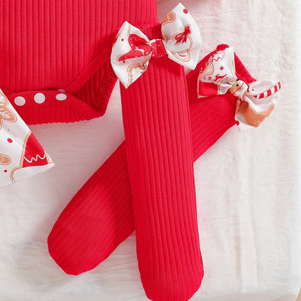 Baby girl cute Christmas costume round neck ruffled long sleeved jumpsuit and suspender jumpsuit, red bow socks and bow headband