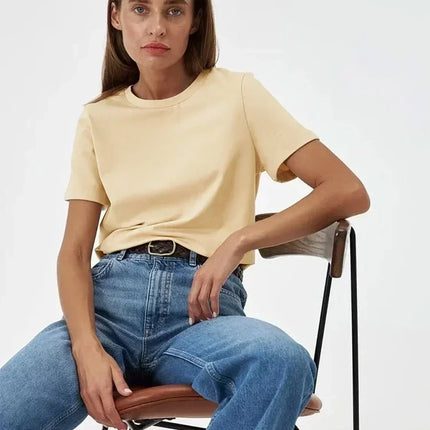 Bornladies Summer 100% Cotton Women's T-shirt Bottoming Basic Fashionable Solid Lady Short Sleeve Loose Tops Shirts 230g/㎡ Tops