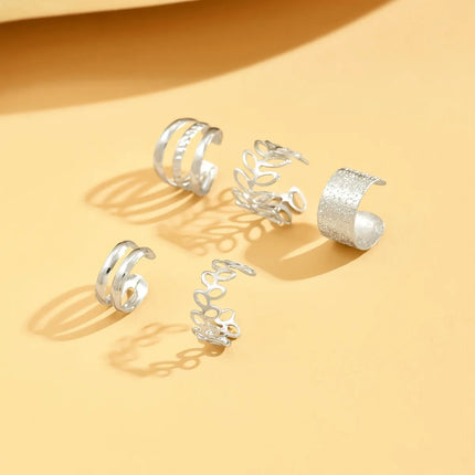 5pcs/set Trendy Elegant Design Ear Cuff Classic Elegant Style Gifts Women's No Piercing Clip Silver Circle Leaf Shaped Earrings