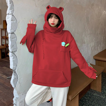 Unisex Frog Zipper Hoodie Fleece Lined Springtime Embroidery oversized Sweatshirt Harajuku Warm Pullover Korean Style Dropship