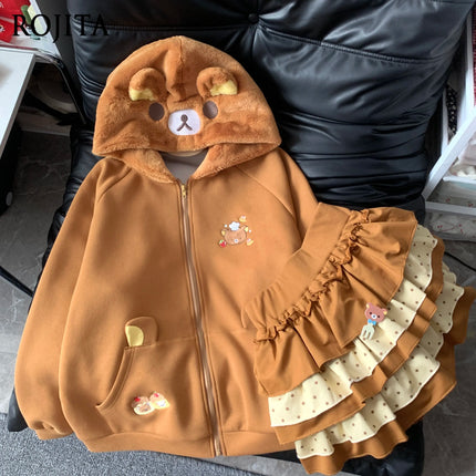 Original Japanese Style Soft Girl Hooded Rilakkuma Jacket for Women Cute Versatile Fleece Lined Thickened Sweatshirt