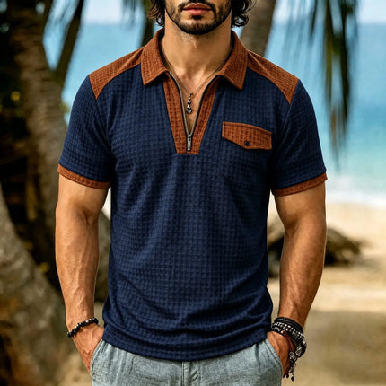 2026 New Men's Short Sleeve T Shirt Grid lapel Polo Shirt with Pockets Breathable Loose Basic Shirts for Men Lightweight Tops