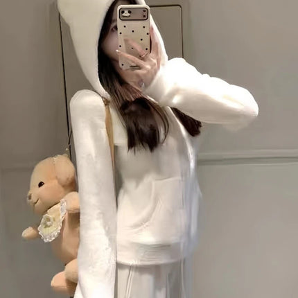 2025 Kawaii Plush Hoodie Women Bear Ear Zip Jacket Soft Warm Fleece Coat Korean Sweet Girl Winter Outerwear Cute Fashion Trend