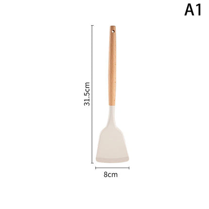 ♥Silicone Kitchen Utensil Set with Wooden Handles - Heat Resistant Spatula and Ladle for Nonstick Cookware