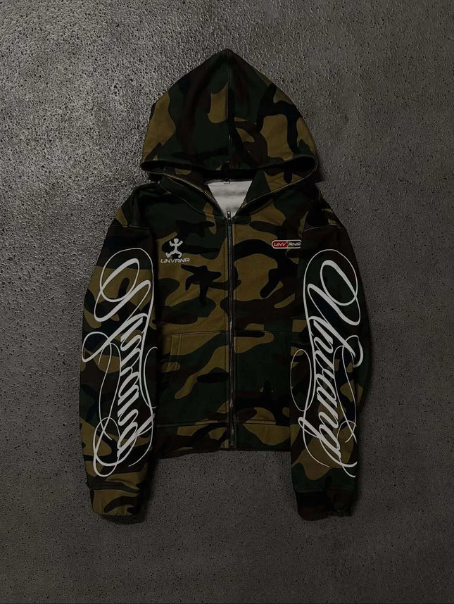 Men's and women's spring printed line American high street hooded camouflage cardigan, hoodie, pullover