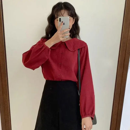Casual Base Layer Top Autumn Collection Fresh Korean Style Doll Collar New Model Long Sleeve Shirt Women's Top