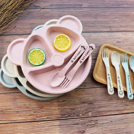 3Pcs/set Wheat Straw Baby Dishes Cartoon Tableware Set Kids Dinner Platos Baby Feeding Plate Training Bowl Spoon Fork Tableware