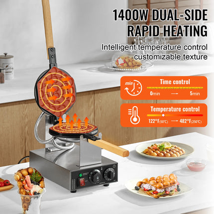 HomeWise Commercial Egg Bubble Waffle Maker 1400W Non-Stick Stainless Steel Bubble Puff w/180° Rotatable 2 Pans & Wooden Handles