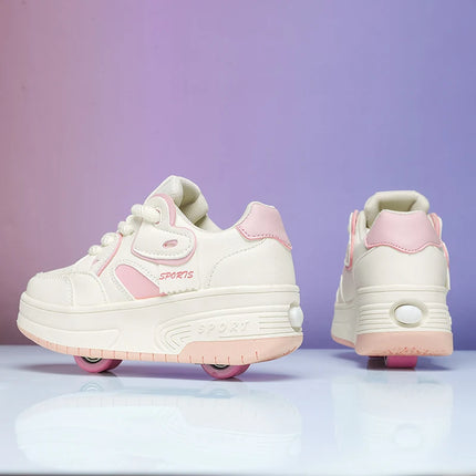 Children's Roller Skating Shoes, Detachable Double Wheels, Boys' Outdoor Skating Amusement Sneakers, Girls' Comfortable Soft Board Shoes