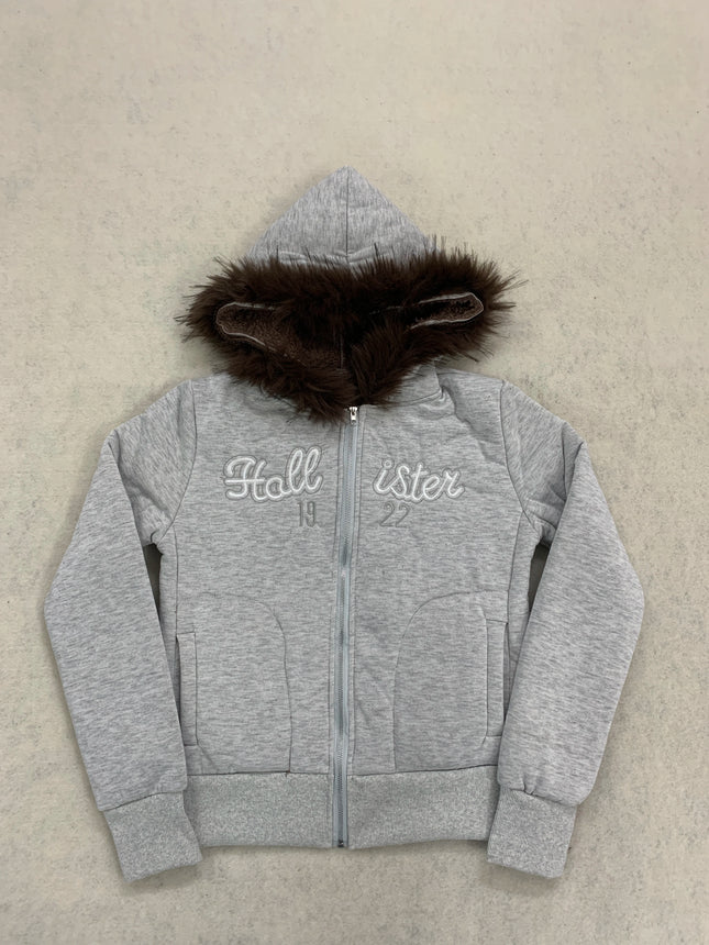 Y2K Fur Trim Hooded Jacket Women Fleece Lined Zip Up Crop Hoodie Vintage Letter Embroidery Slim Warm Streetwear Coat