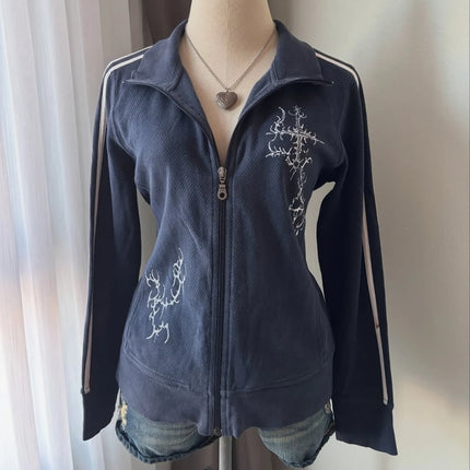 Y2K Striped Embroidered Jacket Harajuku Classic Retro Navy Blue Collared Zip Up Hoodie Goth Geometric Print Slim Fit Sweatshirt