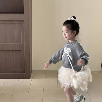 Sweaters Girl Autumn Korean Bow Sweater Children Clothing Embroidery Short Easy Knitting 2024 Loose Simple Round Collar