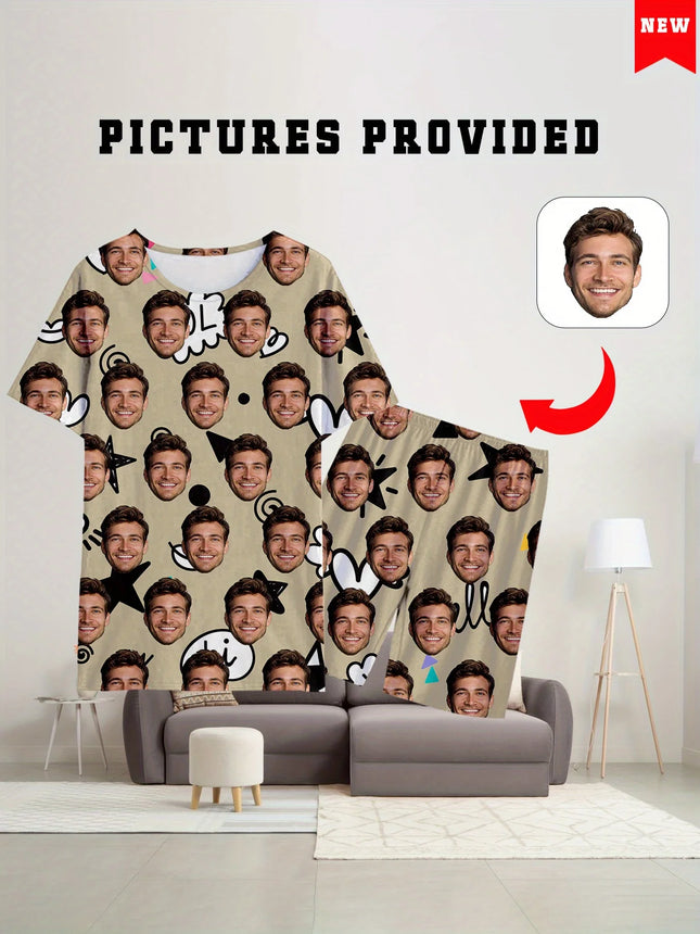 Men's Women's Facial Printed T-Shirt Shorts Set Personal Photo Customize Pajamas Comfortable Loose Home Set Valentine's Day Gift