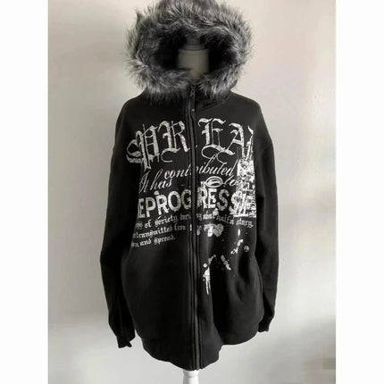2026 Y2K Gothic Punk Faux Fur Hooded Jacket Women Printed Vintage American Harajuku Subculture Black Casual Streetwear