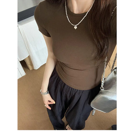 American style spicy girl shoulder T-shirt for women in summer 2025, tight fitting and slimming short top, basic elastic short s