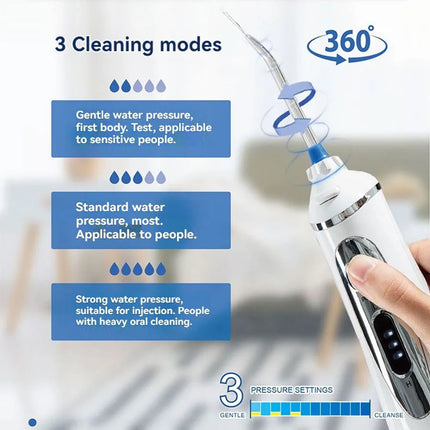 Waterpulse oral irrigator, dental floss irrigator, tooth cleaner 240ML, 3-speed adjustable, 2000mAh, 4 replacement nozzles