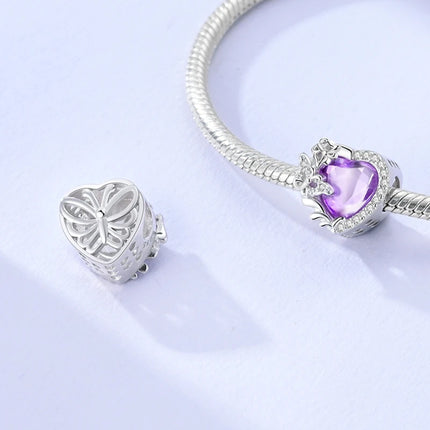 925 Sterling Silver Classic Purple Heart Shape Dragon Pegasus Butterfly Charms Beads Fit 3mm Original Bracelet DIY Jewelry Gift