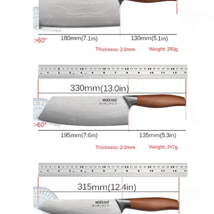 WXCOO Stainless Steel Chef Knife Household Kitchen Knife Laser Damascus Pattern Slicing Scissors Cleaver Fruit Knife Holder