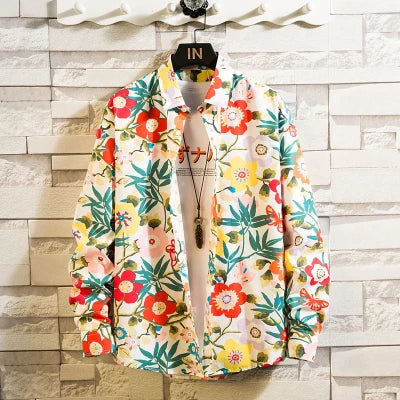 Men's fashionable floral pattern high-quality colorful long-sleeved shirt, loose and casual men's boutique multi-color button-up