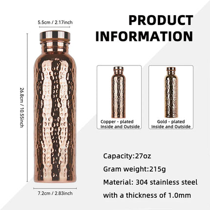800ML Electroplated Copper Water Bottle One-Click Open Lid Anti-Slip Hammer Pattern Bottle Sports Water Bottle