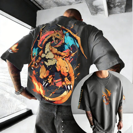 New Pokemon Cotton T Shirt with Charizard Front Print Blue Fire Wing Effects and Poke Ball Sleeve Logo Loose Fit Men Women