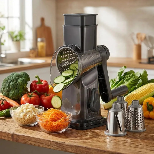 3-in-1 Manual Rotary Cheese Grater Vegetable Slicer with Suction Base Kitchen Mandoline Shredder for Potatoes Easy to Clean
