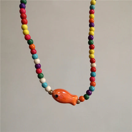 Cute Orange Ceramic Fish Starfish Pendant Beaded Choker Necklace For Women Seaside Vacation Bohemian Harajuku Charm Accessories