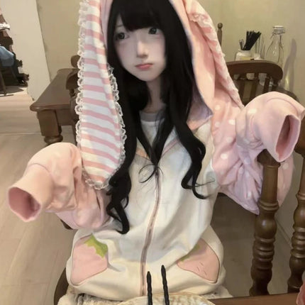 Aoaiiys Japanese Hoodies Women Kawaii Rabbit's Ears Loose Outerwear Strawberry Dot Print Aesthetic Sweatshirt Autumn Winter New