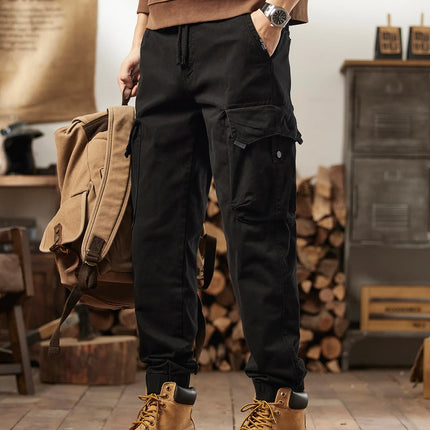Men Tactical Cargo Joggers Multi Button Pocket Drawstring Waist Pants Vintage Military Outdoor Work Streetwear Casual Trousers