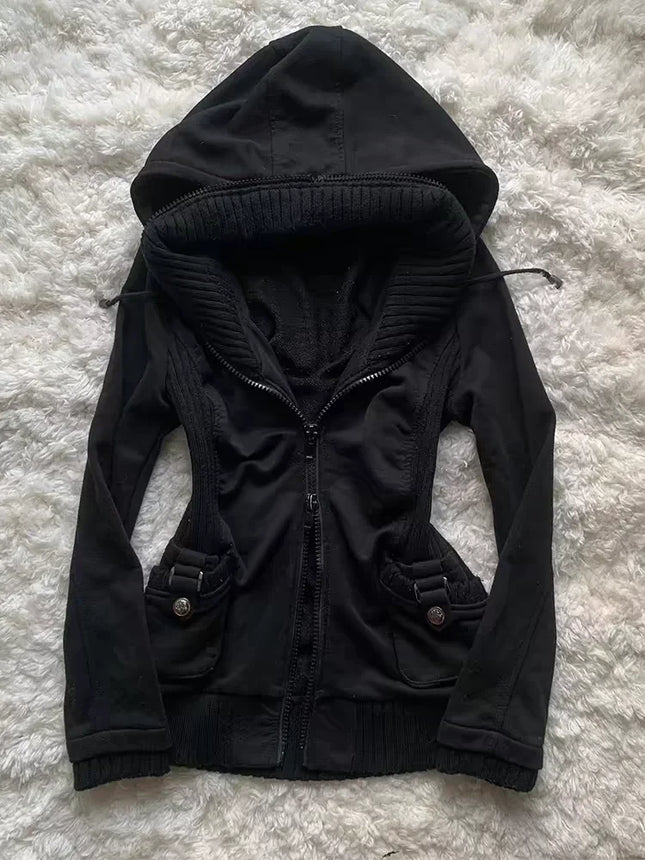 Black Gothic Hoodie Women Solid Color Slim Vintage Top Retro 90s Pattern Sweatshirt Hoodie Versatile Fashion Casual Cardigan