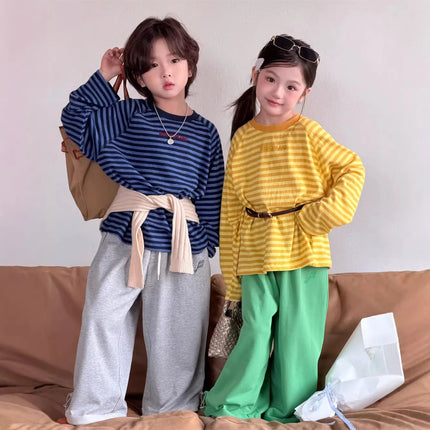 T-shirt 2026 Spring and Summer New Childrens Clothing Korean Boys and Girls Loose Shoulder Long Sleeve Stripe Letter T Sleeve
