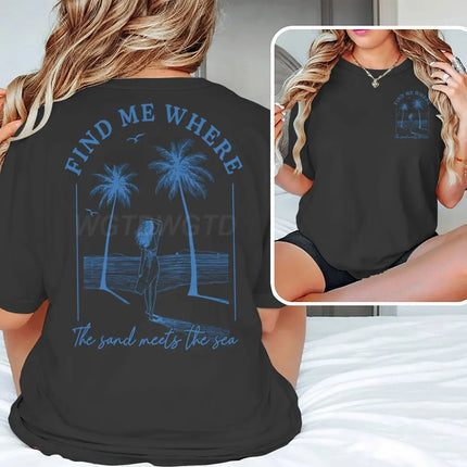 "Find Me Where The Sand Meets The Sea" T-shirts Women Vintage Ocean Beach Series Casual Short Sleeve Y2K Tops Summer Tshirts