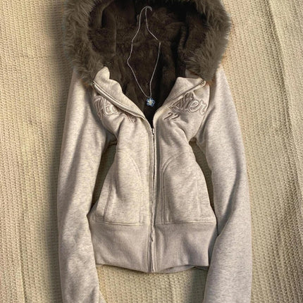 Y2k Aesthetic Vintage Fur Patchwork Hoodies Autumn Grunge Letter Embroidery Hoody Streetwear Cropped Zipper Sweatshirt Jackets