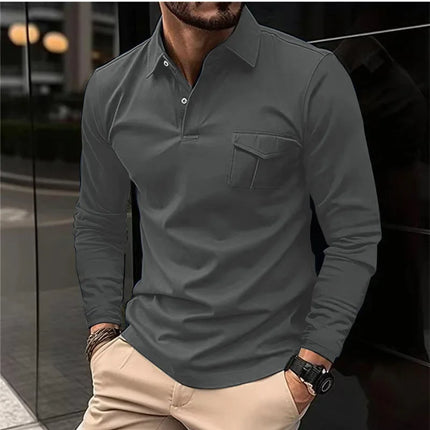 Autumn And Winter New Sports Polo Shirt Men's Long-sleeved Casual Lapel Polo Shirt Solid Color Pocket T-shirt