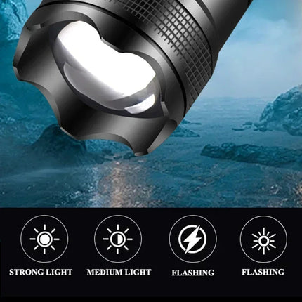 High Power LED Flashlight Long Range Tactical Torch Telescopic Zoom USB Rechargeable Portable Lamp For Outdoor Emergency Fishing