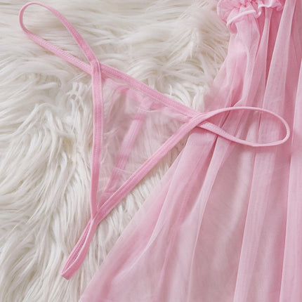Women Perspective Mesh Nightdress Bow Wrapped Around Chest Pink Sexy Babydoll With Thong Erotic Sexy Lingerie Valentine Day Gift