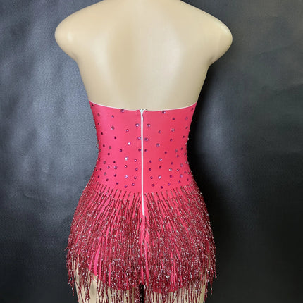 Sparkly Rhinestones Fringe Bodysuit WomenVightclub Party Dance Costume Stage Wear SexyTassel Leotard Performance Clothing G7